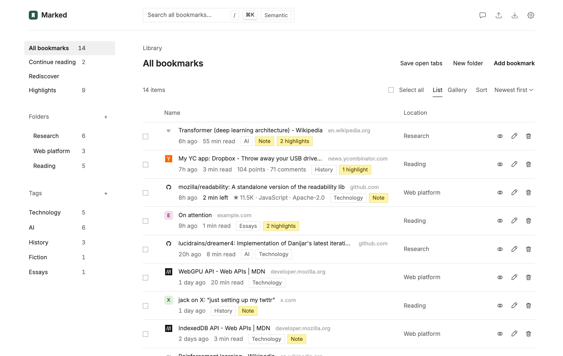 The Marked library, with folders, tags, notes, highlights, and bookmarks for a Hacker News story and a GitHub repository