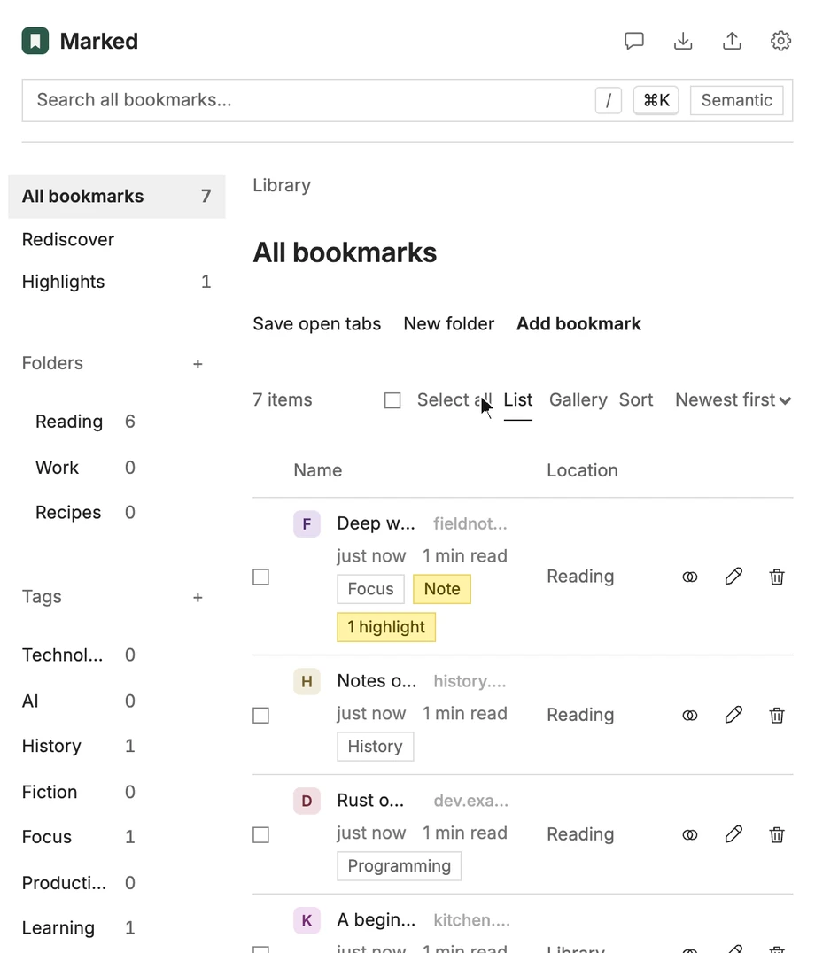 Clicking Import at the top of Marked: a bookmarks file, the browser’s bookmarks, or bookmarks from X