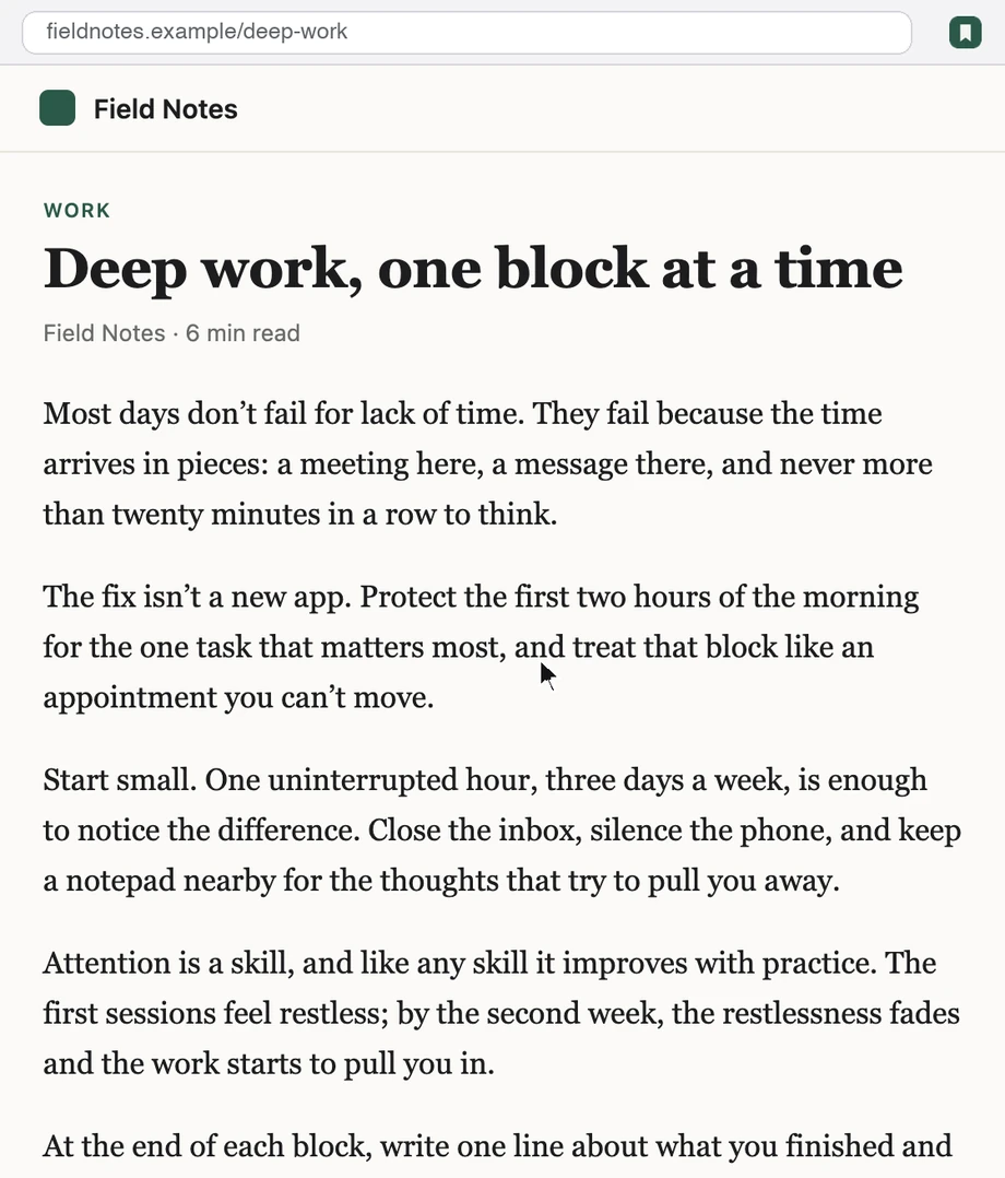 Clicking the Marked button saves a page from a panel right on it, with its folder, tags, and a note